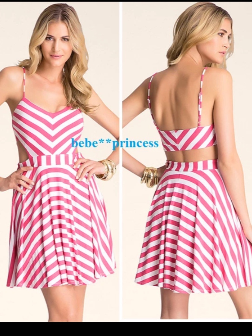 NEW bebe spaghetti strap side cutout pink white fit flare top dres